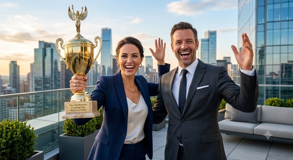Successful male and female business leaders celebrating on a rooftop, holding a golden victory trophy inscribed with "The Last Business Coaching You Will Ever Need".